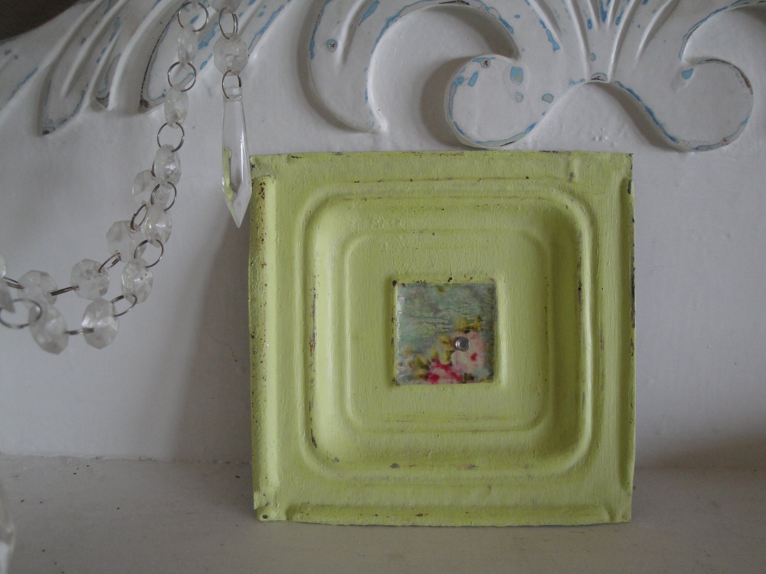 Shabby Chic Pale Lime Green Vintage Ceiling Tile Tin w/ Rose Print and Rhinestone