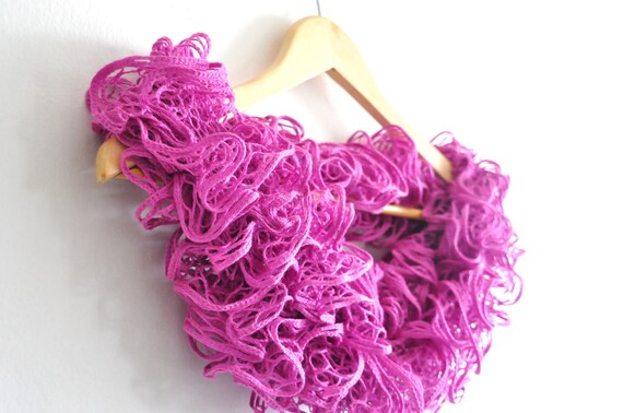Handknitted Lacy Ruffle Scarf in Fuchsia