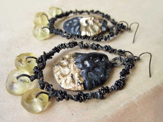 Come to Dust. Alligator Scales and Gold Foil Rustic Assemblage Earrings.