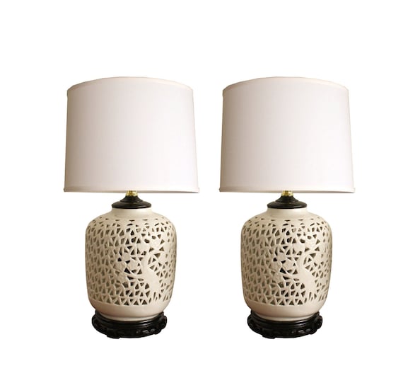 Pair of petite vintage blanc de chine white porcelain table lamps