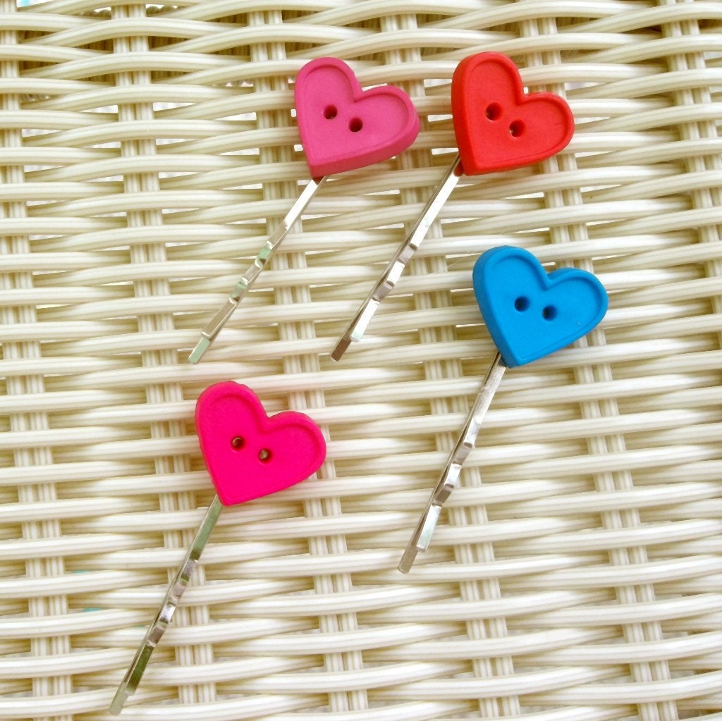 Bobby Pins Heart Buttons - Pink, Red, Teal, Magenta