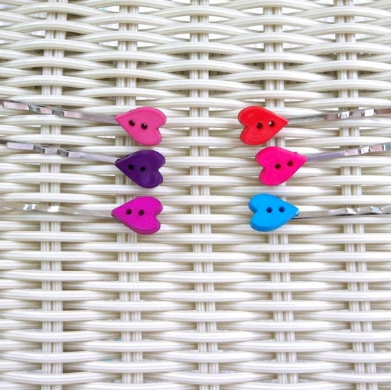 Button Bobby Pins - Hearts, Pink, Purple, Teal, Red, Magenta