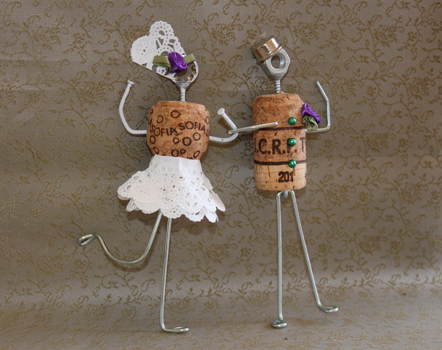 Whimsical Cork Wedding Cake Topper with Dress Bowler Hat and Boutonniere