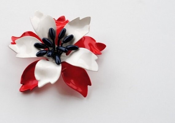 Vintage Patriotic Brooch Flower Enamel Red White Blue Military Wedding 