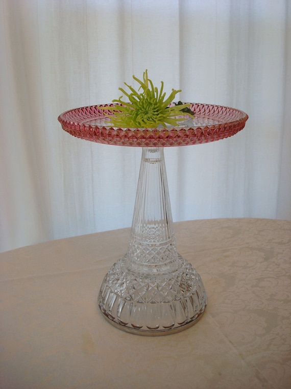 Pedestal cake stand.  Wedding cake stand.  Wedding cake plate.  Repurposed glass.  Pink and mauve glass cake stand.
