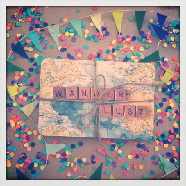 Beautiful "Wanderlust" Postcard Set - Heavy Cardstock - Set of 7 Assorted Atlas/Scrabble Letter Designs.