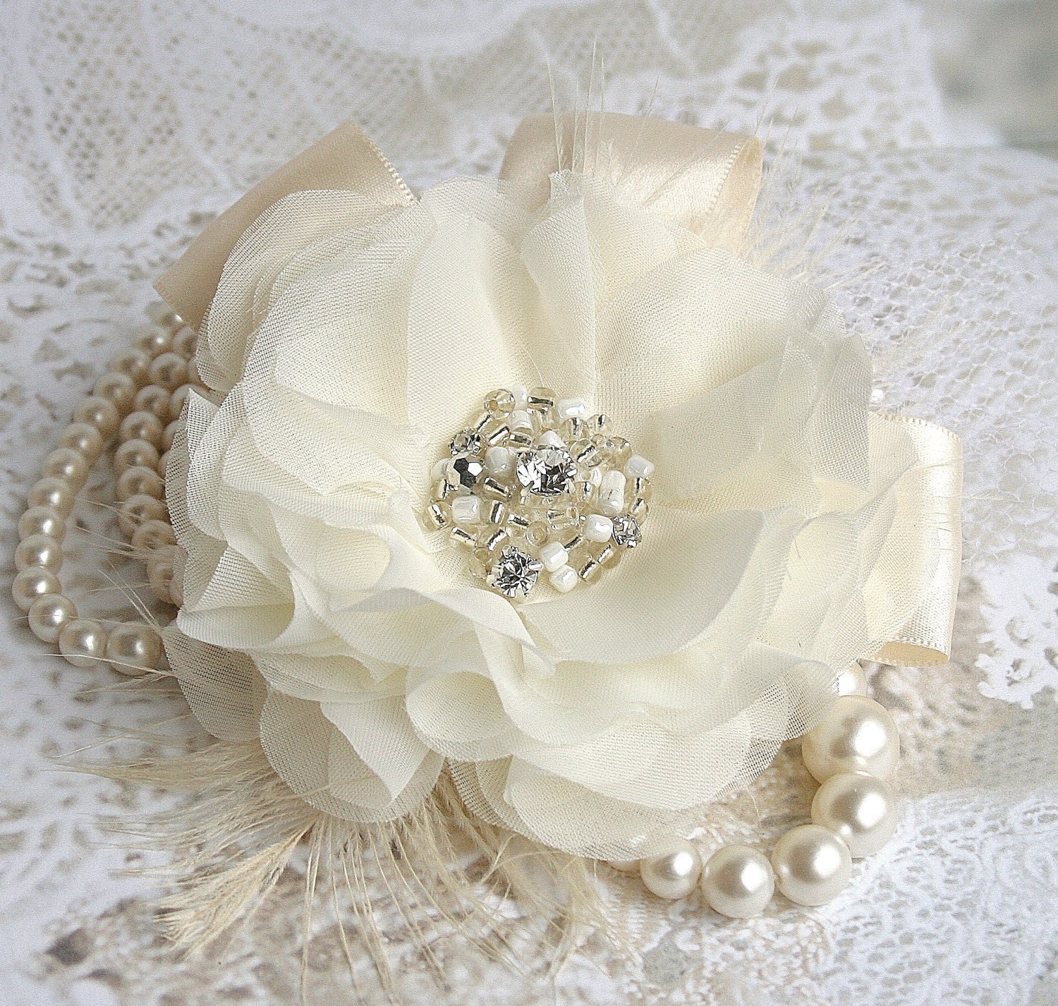 Ivory Bridal Fascinator, Rhinestone Bridal Fascinator, Bridal Hair Flower, Ivory Hair Flower, Wedding Headpiece, Hair Clip, White, Champagne