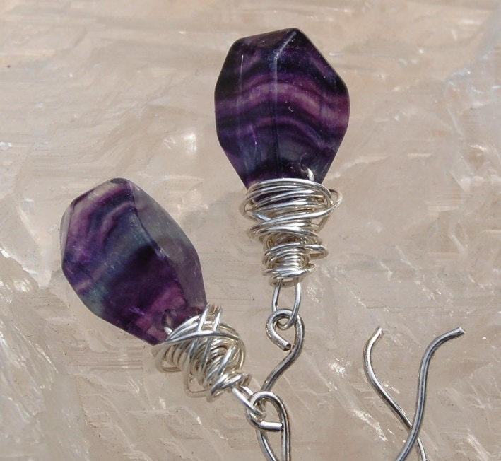 Fluorite Earrings with Organically wrapped Sterling Cap