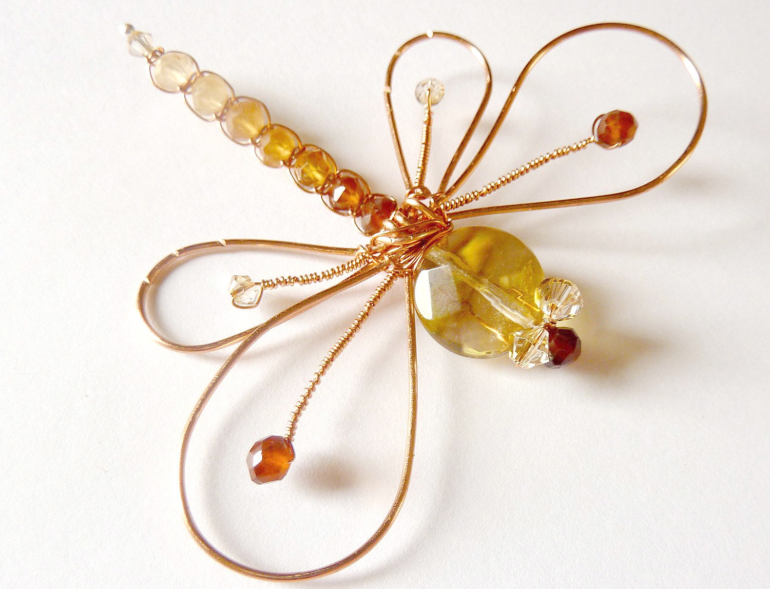 Volcano Quartz and Hessonite Garnet  large Copper Ornate Dragonfly Hair Pin, Brooch or Bouquet Decoration
