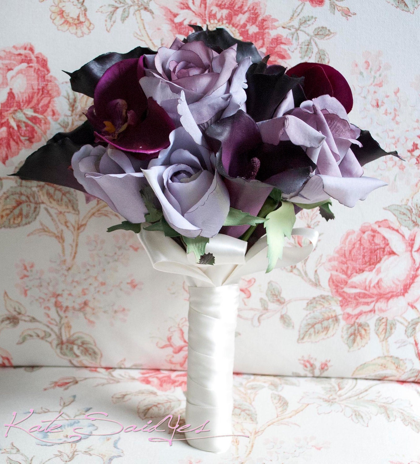 Wedding Bouquet Lavender Rose Eggplant Calla Lily and Fuchsia Orchid 