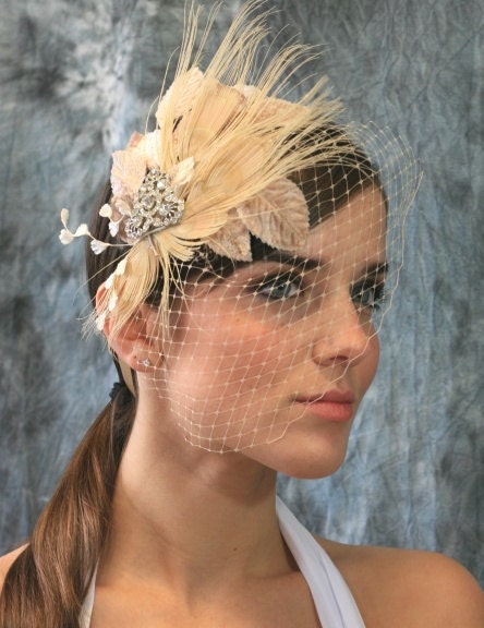 Lilliana Vintage Champagne Ribbon Bridal Headband with Vintage Bridal Brooch