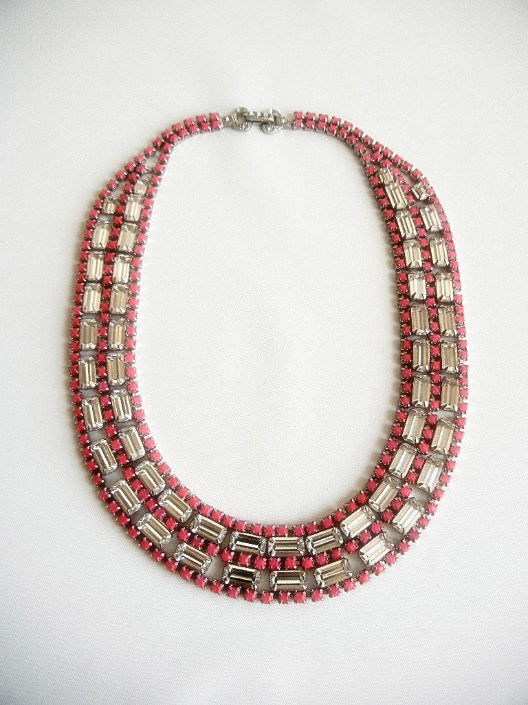 Vintage 1950s One Of A Kind Hand Painted Neon Pink  Rhinestone Bib Necklace
