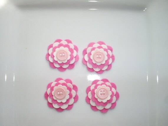 Wool Felt Flowers -  Set of 4  - Bright Pink and White Layered Flowers With Pearl