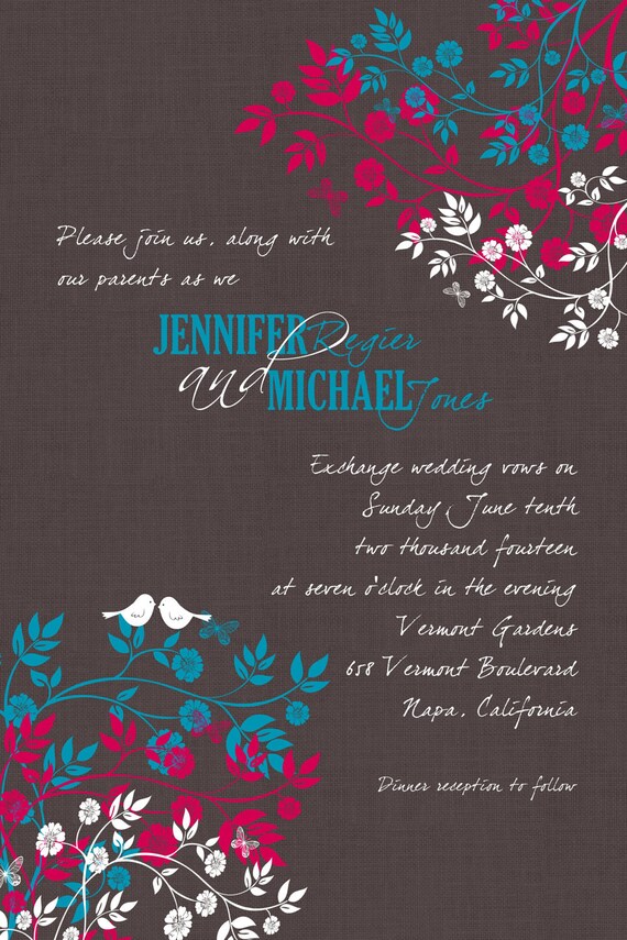 Custom Pink White and Turquoise Love Bird Wedding Invitation