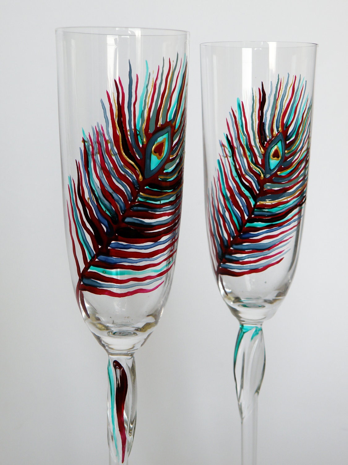  of 2 Personalized Champagne glasses Peacock Feather Dark purple and Teal