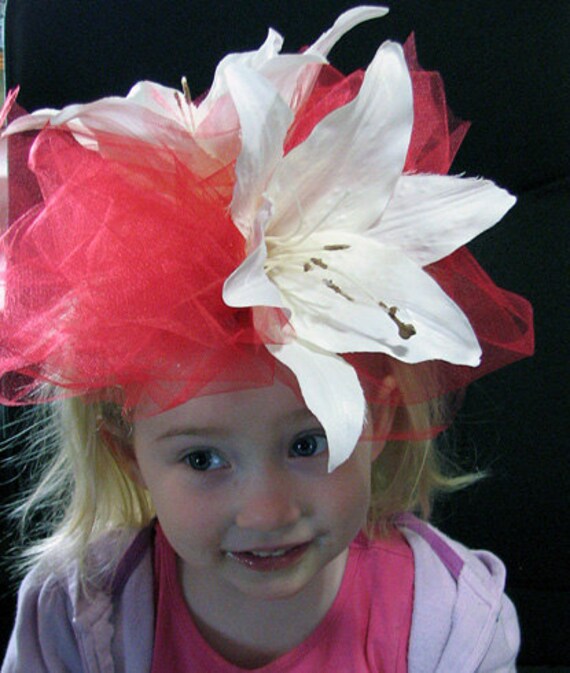 ROYALTY White Star Gazer Lily Headband Head piece with Red Tulle accents