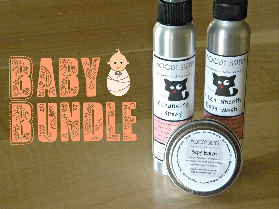 Baby Skincare Pack-- Baby Wipe Cleansing Spray, Body Wash and Balm-- 100 % Organic Handmade safe on children skincare- FREE SHIPPING