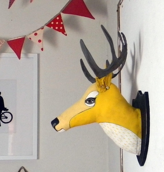 Yellow Deer Head Hand Painted Original Folk Art Cloth Sculpture-- Friendly Faux Taxidermy-- Made to order within a week