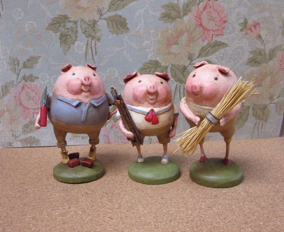 Three Little Pigs Folk Art Gourd Sculpture OOAK