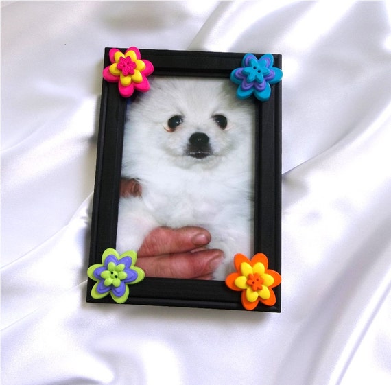 Black Button Picture Frame 4" X 6" Ready To Ship - Flowers, Orange, Purple, Yellow, Green, Blue