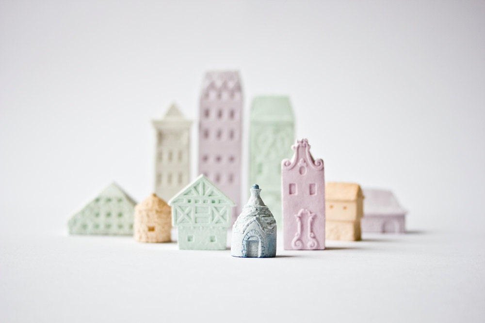 Clay Architecture Set - Ceramic clay houses by Artisanie Europe - pastel colors easter colors bright spring colors wedding favors