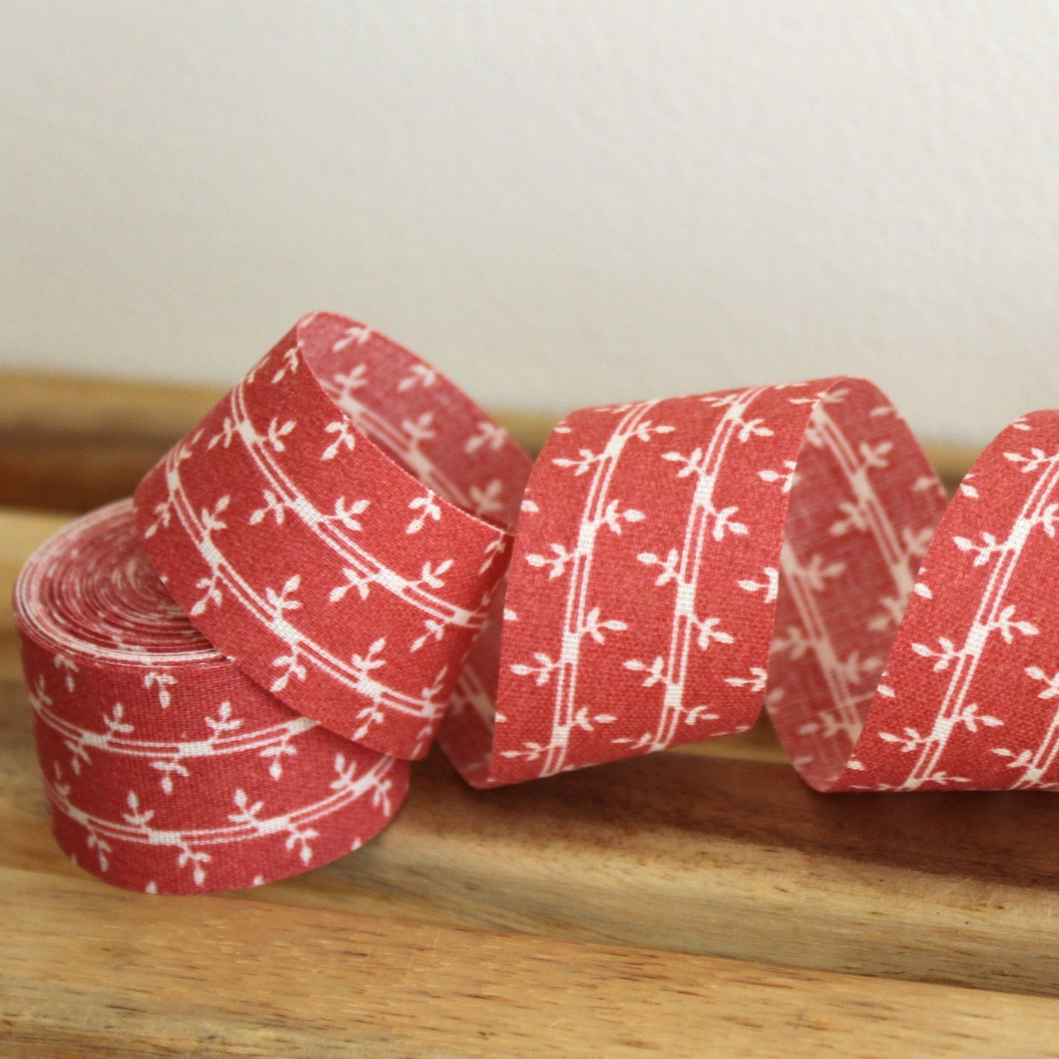 LAST 7/8 inch 22 mm, 6 Yards - Vintage Leafs Ribbon  -  Leaves with stripes on Dark Salmon Background