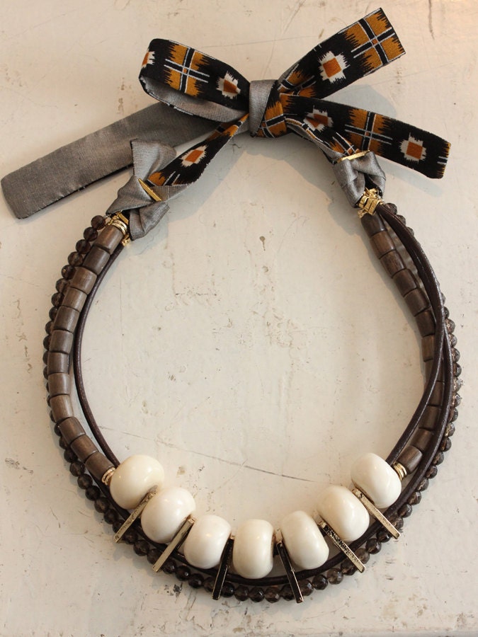 Black and Orange Ribbon Closure Fabric Necklace with Bones and Wood Beads