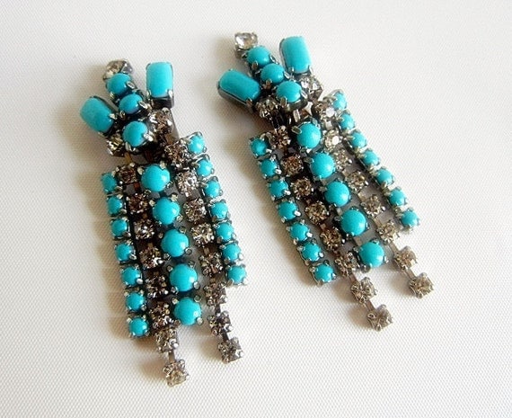 Vintage 1950s Hand Painted Turquoise and Rhinestone Chandelier Earrings