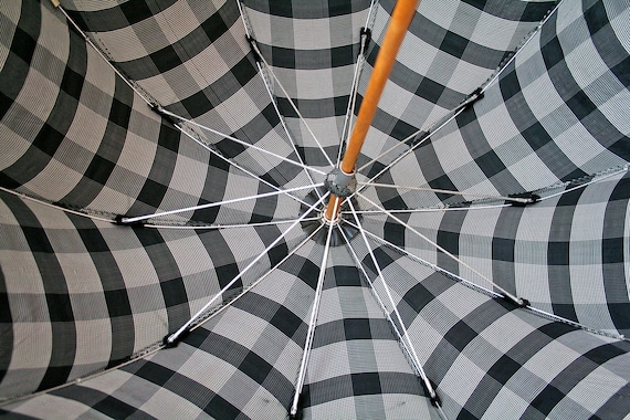 Vintage Umbrella Parasol / Black and White Plaid / Lucite Handle