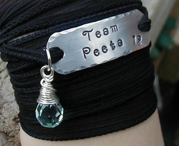 The Hunger Games Bracelet Wrap - TEAM PEETA Hand Stamped  with Black Silk Ribbon Wrap
