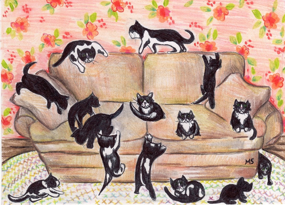 Kittens on the Couch - Black and White Cat- Black cat- 5x7" Original Ink Drawing