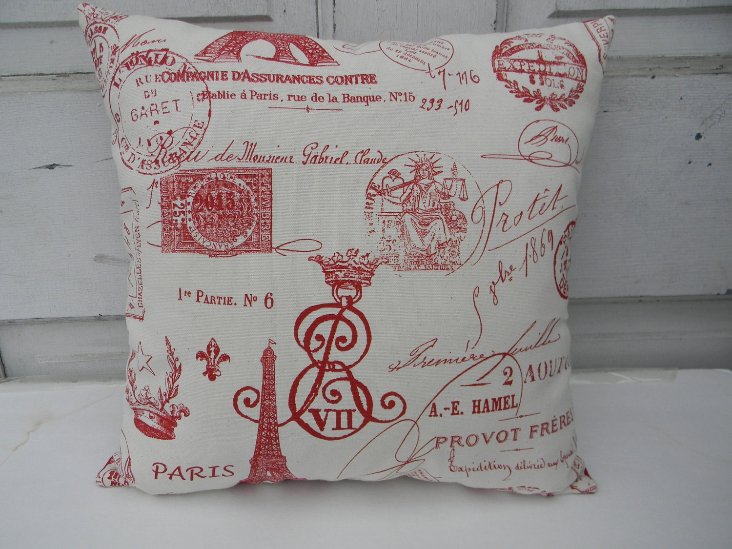 French Linen Pillow - Red Designs on Natural Colored Linen