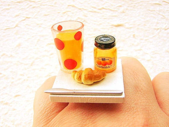 Cute Food Ring Breakfast Orange Juice Croissant Miniature Food Jewelry