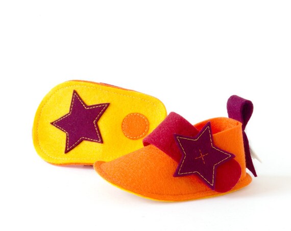 Orange baby shoes with stars - Pixie newborn girls & boys crib shoes, unisex baby gift soft booties