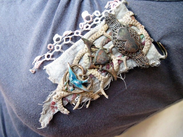 Everything That's You. Textile and Antique Trinkets Rustic Victorian Gypsy Assemblage Brooch. Lace fabric.