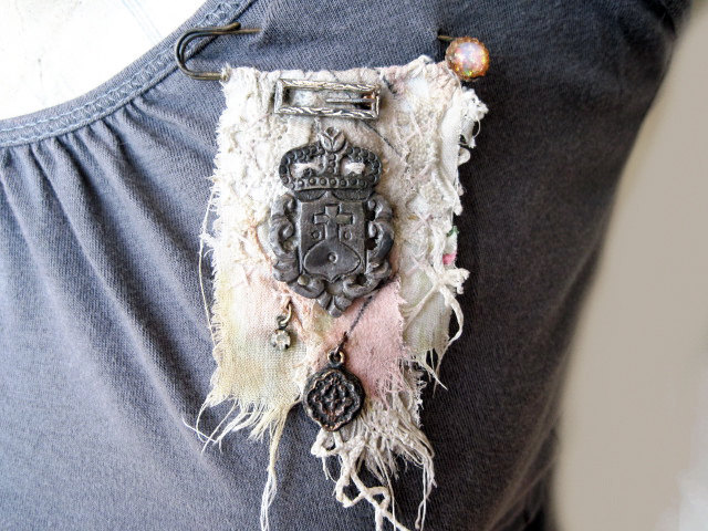 Blunderbuss. Textile and Antique Sterling Silver Rustic Victorian Gypsy Assemblage Brooch. Lace fabric.