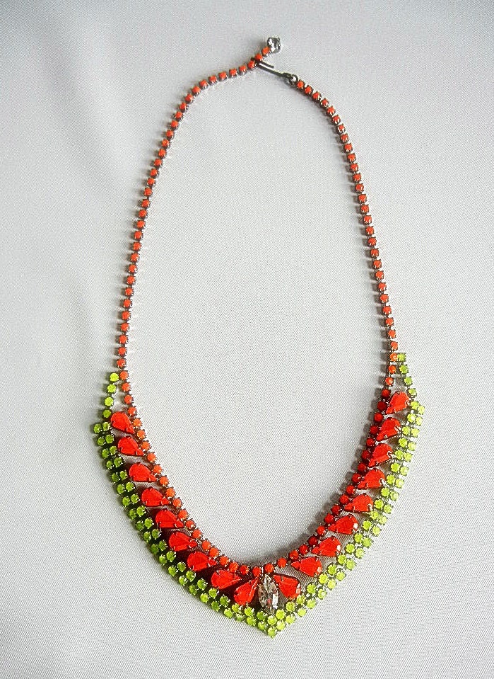 Vintage 1950s One Of A Kind Hand Painted Red Orange and Yellow Rhinestone Bib Necklace