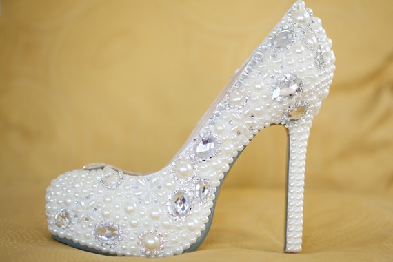 Bridal Shoes with Pearls and Rhinestones - goldsole