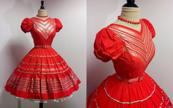 Vintage 1950s Red Mexican Circle Skirt Dress Rockabilly