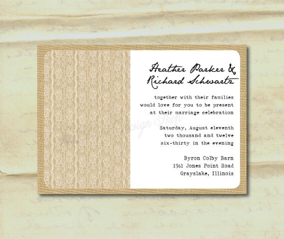 Wedding Invitation Burlap and Lace Border Rustic Country