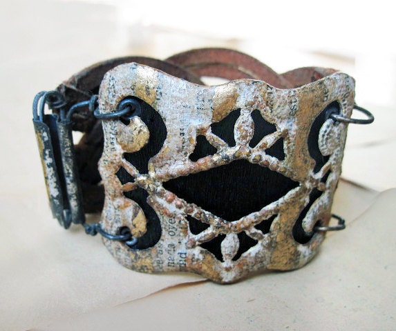 What I Was. Woven Leather Cuff with Papered and Foiled Focal Buckle. Rustic Victorian Assemblage.