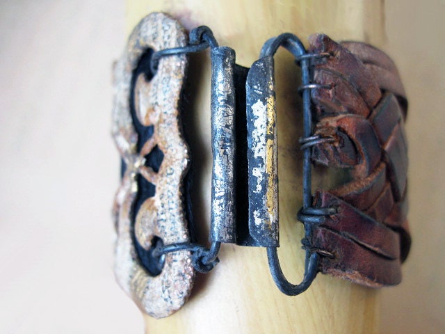 What I Was. Woven Leather Cuff with Papered and Foiled Focal Buckle. Rustic Victorian Assemblage.