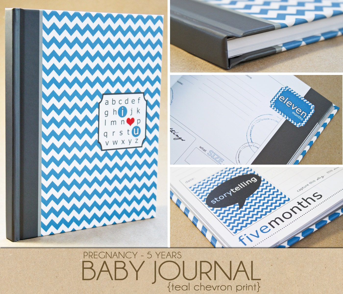 Baby Book -  Blue Chevron (125 designed journaling pages to record pregnancy up to 5 years)