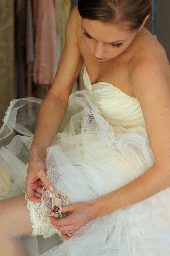 Off white cream and pink with rhinestone detail bride garter