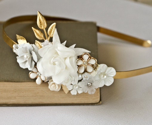 SALE Bridal Headband White Flowers Headband Bridal Hair Accessories Gold 
