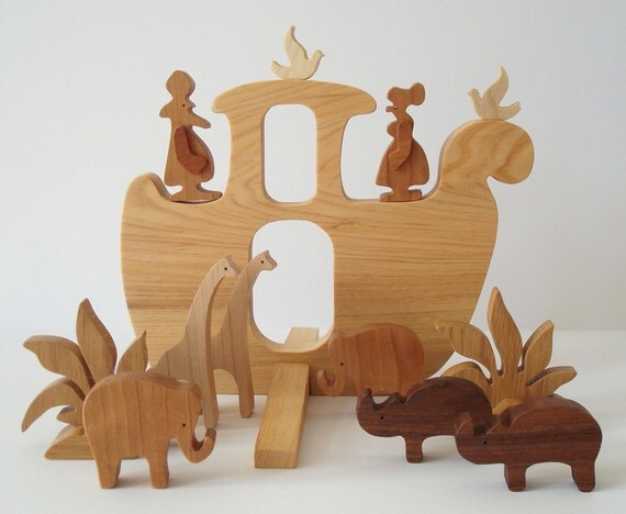 CUSTOM ORDER for torzlaver: Wooden Toy Noah's Ark Waldorf Miniature with Four Pairs of Animals