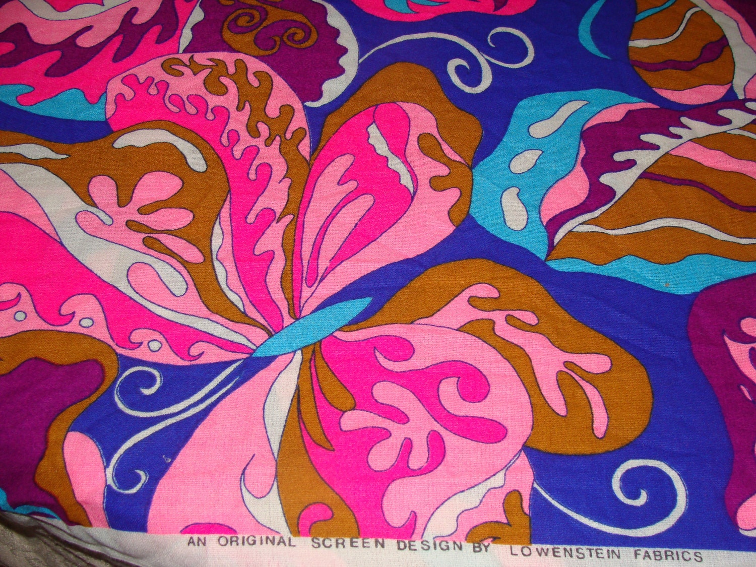 Vintage 1960s Super Hot Pink Huge butterflies Psychadelic Hippie Lowenstein Screenprint Hippie Flower Power Retro Fabric Yardage 44 x 22