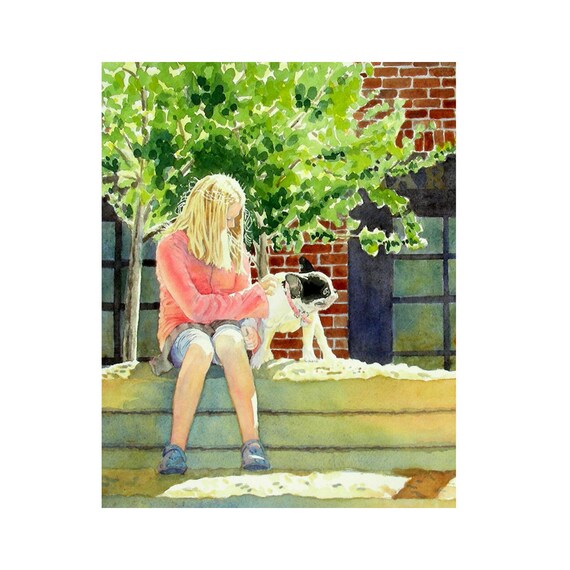 Landscape Art Watercolor Painting Print Bulldog Dog Kids Women Mothers Day Spring Summer Nature 10.6 x 13.6 Price Under 30