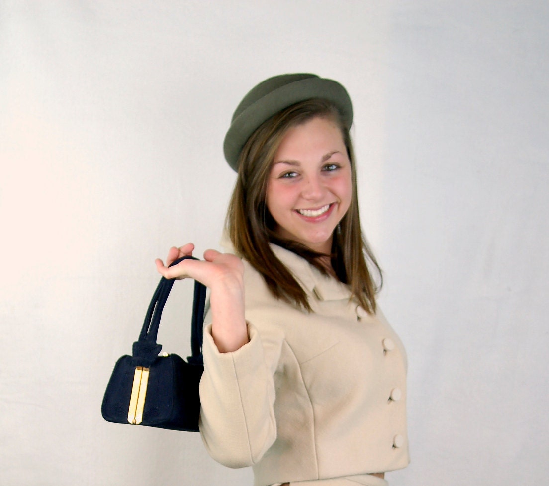 Vintage 40s Corde'craft corde handbag purse navy blue rayon brass frame