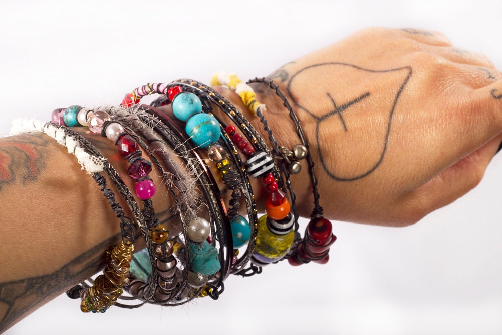 Traveling Gypsy Bangle Bracelets Free Spirit Stack awesome for Tribal Belly Dance Summer festivals, Bohemian, patina, beads rainbow colors